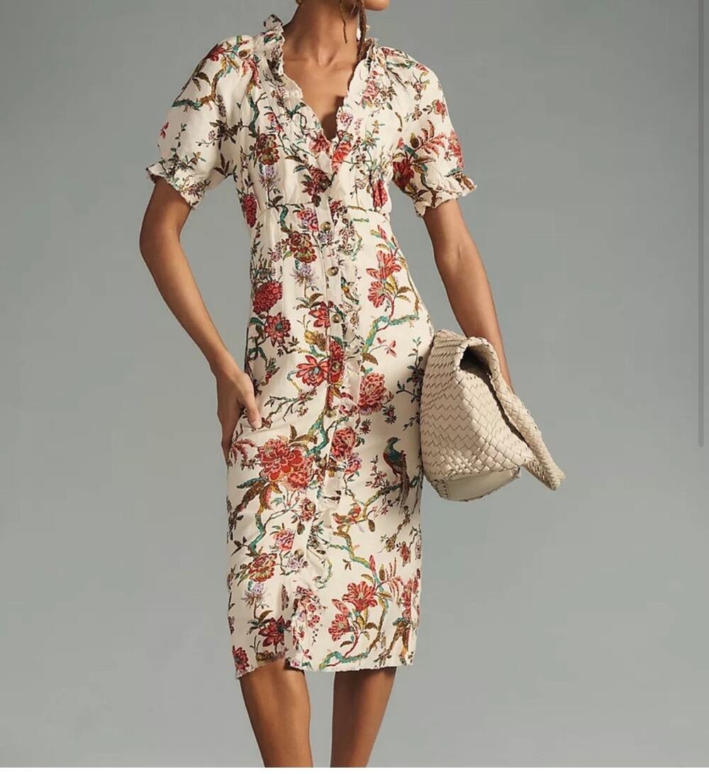 Anthropologie x Pilcro Ruffle collar linen blend floral midi dress dress size 2